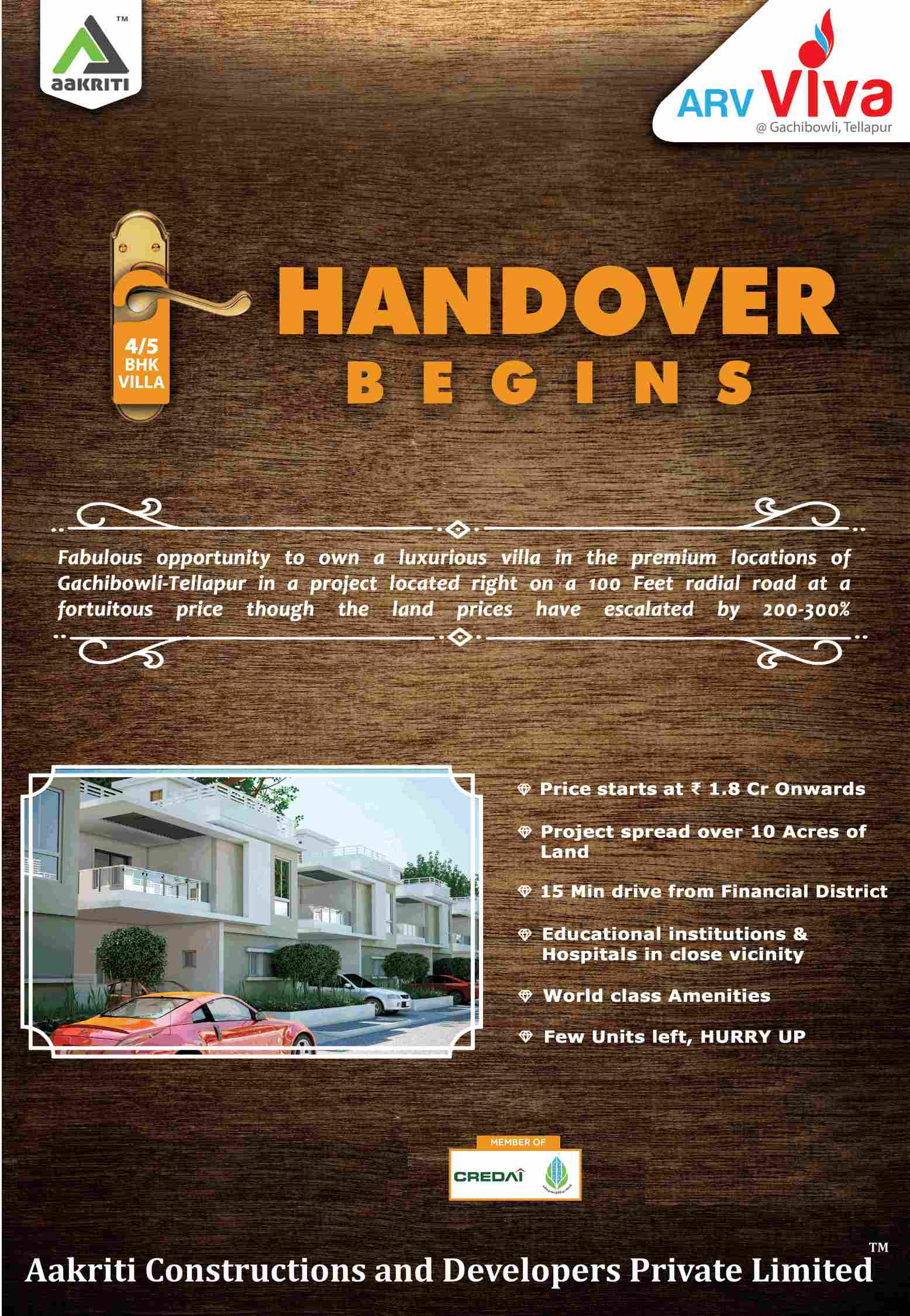 Book 4 & 5 BHK villa @ Rs 1.8 cr at Aakriti ARV Viva in Hyderabad Update